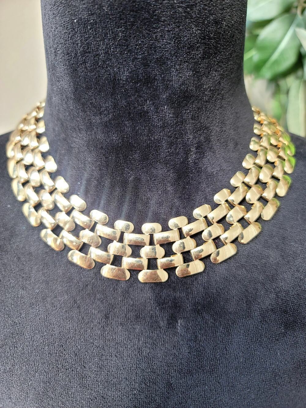 Gold Tone Multi Strand Geometric Link Statement Necklace Chunky Collar Style